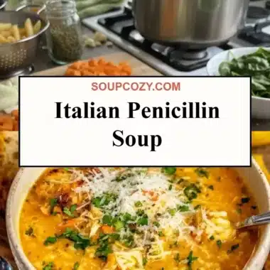 Bowl of Italian Penicillin Soup garnished with herbs and fresh ingredients.
