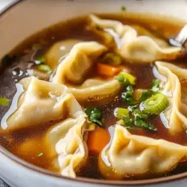 A bowl of comforting Potsticker Soup with dumplings and vegetables.