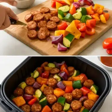 Air fryer chicken sausage and veggies ready to serve on a plate