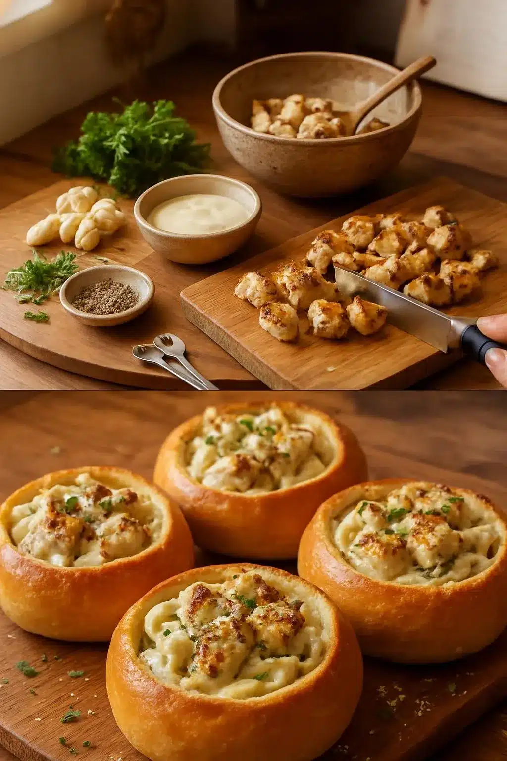 Chicken Alfredo Garlic Bread Bowls