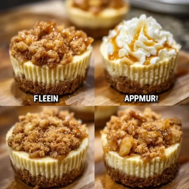 Delicious mini apple crisp cheesecakes topped with crunchy streusel.