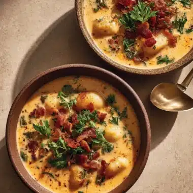 Bacon cheddar gnocchi soup in a bowl, garnished with herbs