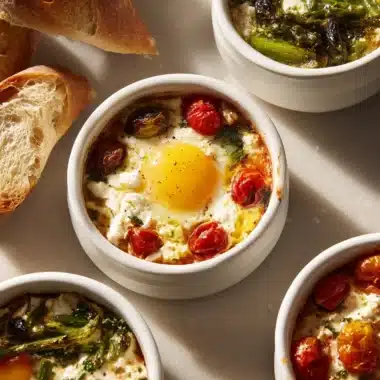 Delicious baked feta eggs with tomatoes and spinach served in a dish