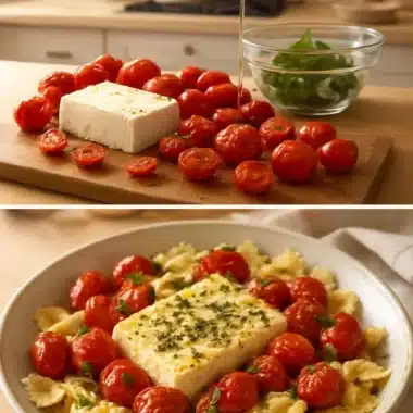 Delicious baked feta pasta topped with fresh herbs and cherry tomatoes