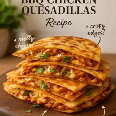 BBQ Chicken Quesadillas served with dipping sauce on a wooden platter.