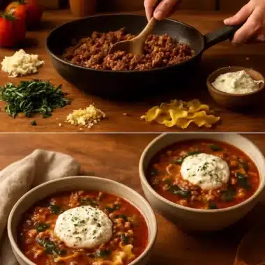 A bowl of delicious one-pot lasagna soup garnished with herbs and cheese.