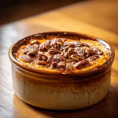 Delicious sweet potato casserole topped with marshmallows and pecans