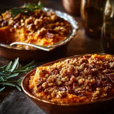 Delicious sweet potato casserole topped with marshmallows and pecans