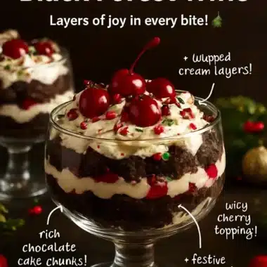 Delicious Black Forest Trifle layered with chocolate, cherries, and whipped cream