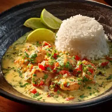Delicious Brazilian Coconut Chicken dish served with rice and garnished with herbs