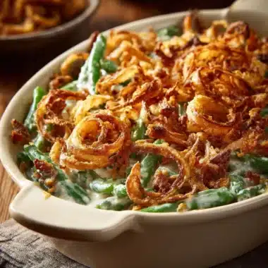 Delicious Campbell's green bean casserole topped with crispy onions.