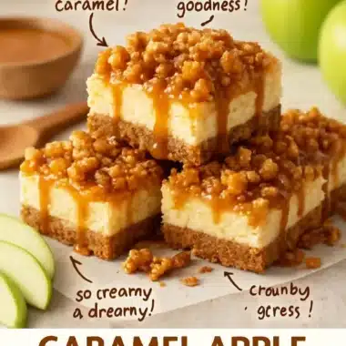 Delicious caramel apple cheesecake bars drizzled with caramel sauce.