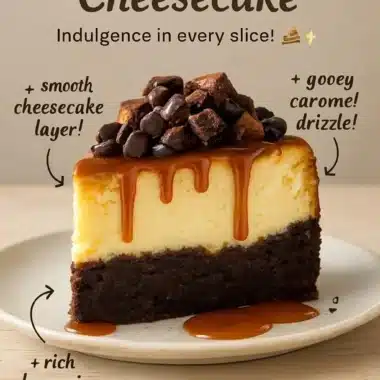 Slice of caramel brownie cheesecake topped with caramel drizzle