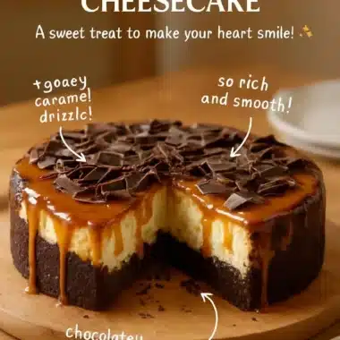 Delicious caramel brownie cheesecake slice topped with a drizzle of caramel