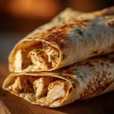 Cheesy chicken garlic wraps on a plate, garnished with fresh herbs.