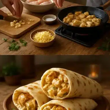 Cheesy garlic chicken wraps served on a plate with fresh vegetables.