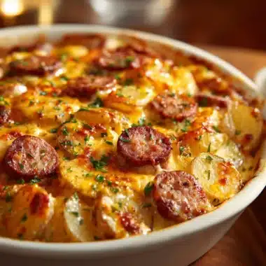 Cheesy ranch potatoes and smoked sausage served in a bowl