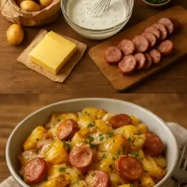 Cheesy ranch potatoes baked with smoked sausage, garnished and ready to serve.