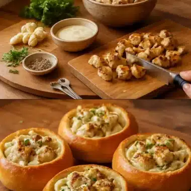 Delicious Chicken Alfredo Garlic Bread Bowls filled with creamy pasta and grilled chicken