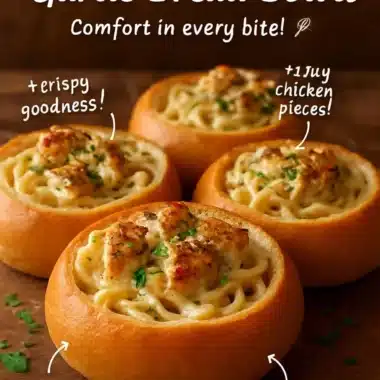 Delicious Chicken Alfredo Garlic Bread Bowls served with creamy sauce and chicken