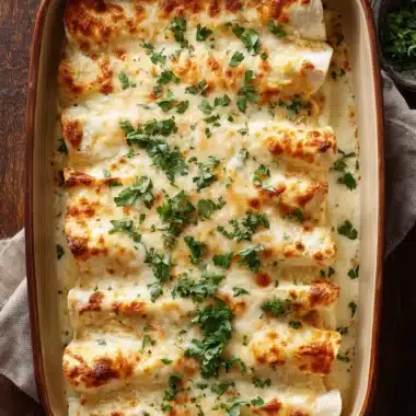 Delicious chicken enchiladas topped with sour cream white sauce