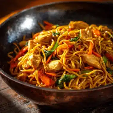 Delicious Chicken Lo Mein with vegetables and tender chicken served in a bowl.