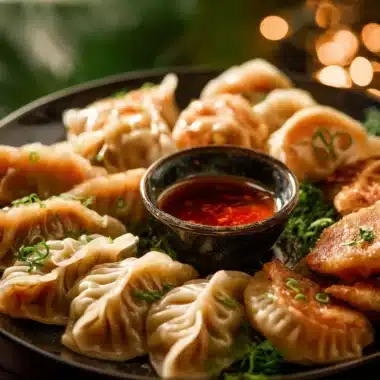 Delicious chicken potstickers served pan-fried with dipping sauce.