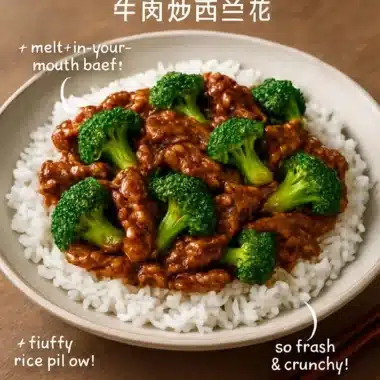Plate of Chinese Beef and Broccoli served with rice.