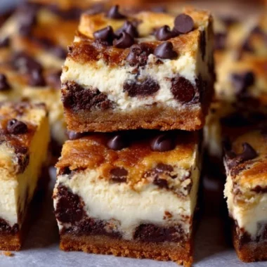 Delicious Chocolate Chip Cookie Cheesecake Bars on a plate ready to savor