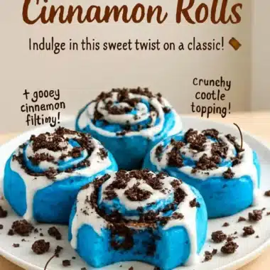 Freshly baked chocolate cookie cinnamon rolls drizzled with icing.