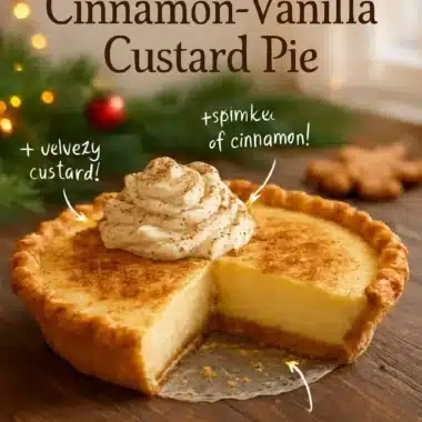 Slice of Cinnamon-Vanilla Custard Pie with a creamy filling and cinnamon topping