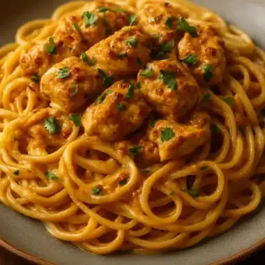 Plate of Cowboy Butter Chicken Linguine garnished with herbs and spices.