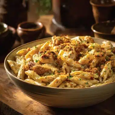 Creamy Crack Chicken Penne dish garnished with herbs