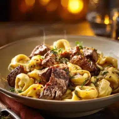 Delicious Cracked Garlic Steak Tortellini in creamy sauce
