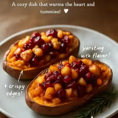Cranberry apple twice-baked sweet potatoes topped with nuts and herbs