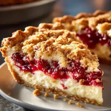 Delicious Cranberry Cream Cheese Crumb Pie on a wooden table