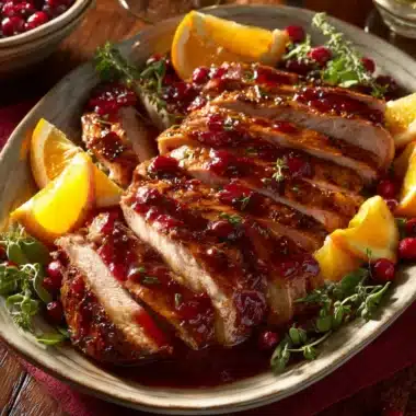 Cranberry Orange Glazed Turkey Breast served on a festive table