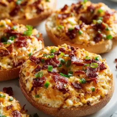Creamy Bacon Cheddar Bagels topped with melted cheese and crispy bacon.