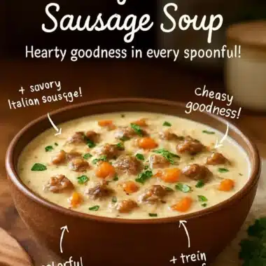 Bowl of creamy Italian sausage soup garnished with herbs and vegetables