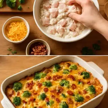 Creamy low carb chicken casserole dish served with fresh herbs.