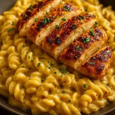 Creamy rotisserie chicken pasta served in a bowl with herbs and spices.