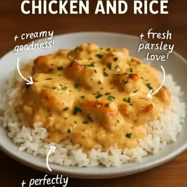 Delicious plate of creamy smothered chicken served with rice