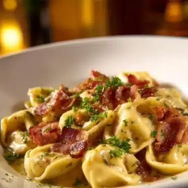 Plate of creamy Tortellini Carbonara with bacon and parsley garnish