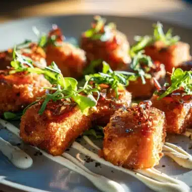 Crispy Bang Bang Salmon Bites garnished and served on a plate.