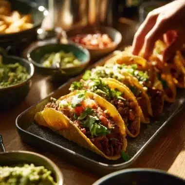 Crispy beef tacos topped with fresh ingredients and served with salsa.