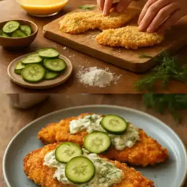 Plate of crispy dill pickle parmesan chicken garnished with herbs