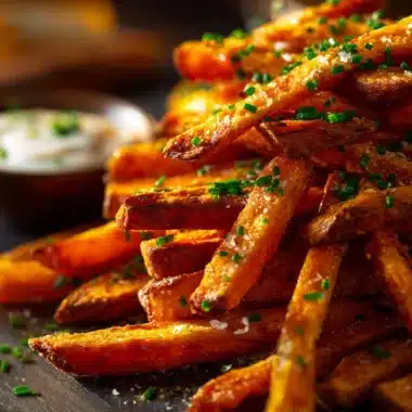 Crispy oven baked sweet potato fries on a plate, garnished with herbs.