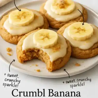 Crumbl banana bread cookies with cream cheese glaze on a plate