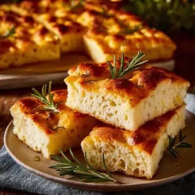 Freshly baked delicious focaccia topped with herbs and olives.