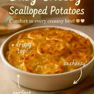 Easy Cheesy Scalloped Potatoes baked to perfection in a creamy sauce.